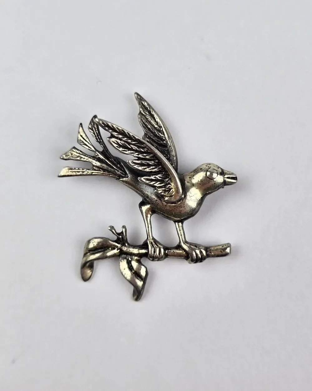 Vintage Bird on a Branch Sterling Silver Brooch Pin 10.5g
